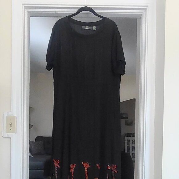 Vintage ORVIS Black Crinkle Maxi Dress Boho Giraffe Nature Safari  Women's Large - Picture 4 of 8